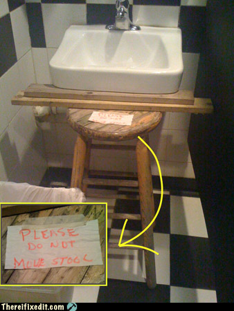 Sink Propped Up with Stool